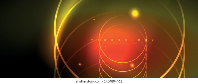 Helle Neonkreise und Wellenlinien, glänzende Hintergrunddesign-Vorlage, digitales Techno-Konzept. Leuchtender Schwenk-Weg, langsamer Verschlusszeiteneffekt.