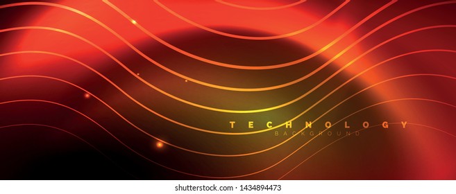Bright neon circles and wave lines, glowing shiny background design template, digital techno concept. Luminous swirl trail, slow shutter speed effect.