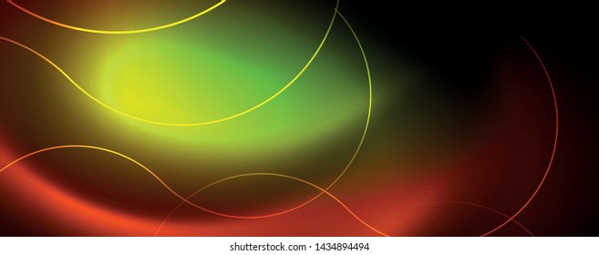 Brillantes círculos de neón y líneas onduladas, brillante plantilla de diseño de fondo, concepto digital tecno. Luminoso camino giratorio, efecto de velocidad de obturación lento.