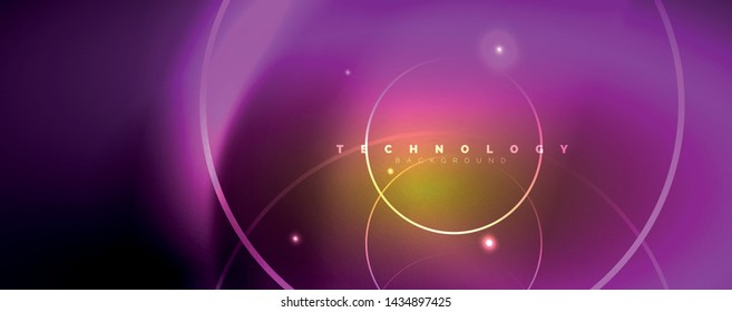 Brillantes círculos de neón y líneas onduladas, brillante plantilla de diseño de fondo, concepto digital tecno. Luminoso camino giratorio, efecto de velocidad de obturación lento.