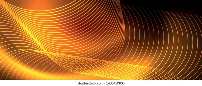 Bright neon circles and wave lines, glowing shiny background design template, digital techno concept. Luminous swirl trail, slow shutter speed effect.