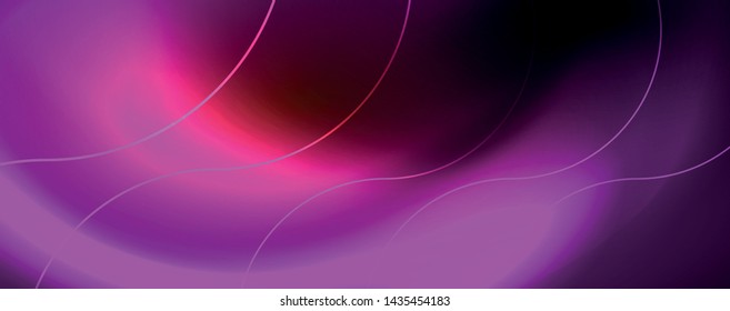 Bright neon circles and wave lines, glowing shiny background design template, digital techno concept. Luminous swirl trail, slow shutter speed effect.