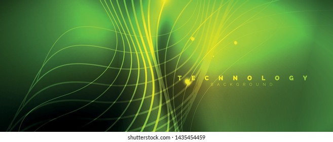 Bright neon circles and wave lines, glowing shiny background design template, digital techno concept. Luminous swirl trail, slow shutter speed effect.