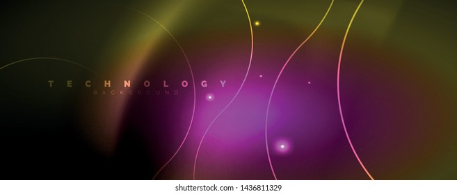 Brillantes círculos de neón y líneas onduladas, brillante plantilla de diseño de fondo, concepto digital tecno. Luminoso camino giratorio, efecto de velocidad de obturación lento.