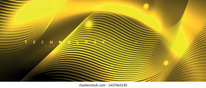 Bright neon circles and wave lines, glowing shiny background design template, digital techno concept. Luminous swirl trail, slow shutter speed effect.