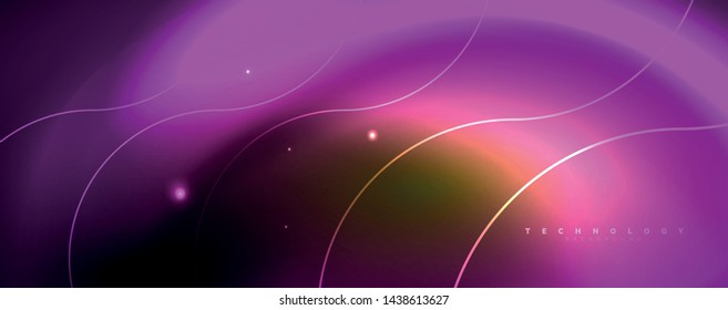 Bright neon circles and wave lines, glowing shiny background design template, digital techno concept. Luminous swirl trail, slow shutter speed effect.