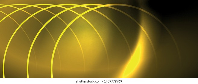 Brillantes círculos de neón y líneas onduladas, brillante plantilla de diseño de fondo, concepto digital tecno. Luminoso camino giratorio, efecto de velocidad de obturación lento.