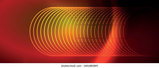 Bright neon circles and wave lines, glowing shiny background design template, digital techno concept. Luminous swirl trail, slow shutter speed effect.