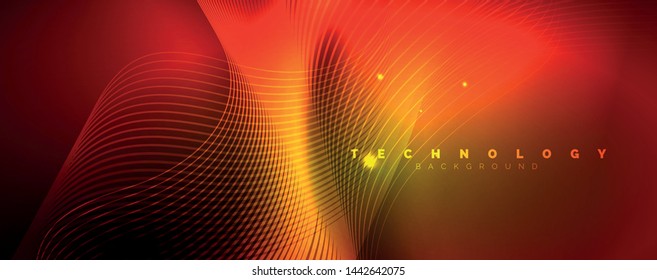 Bright neon circles and wave lines, glowing shiny background design template, digital techno concept. Luminous swirl trail, slow shutter speed effect.