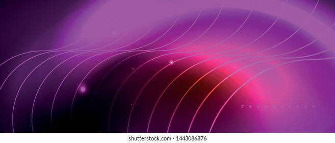 Brillantes círculos de neón y líneas onduladas, brillante plantilla de diseño de fondo, concepto digital tecno. Luminoso camino giratorio, efecto de velocidad de obturación lento.