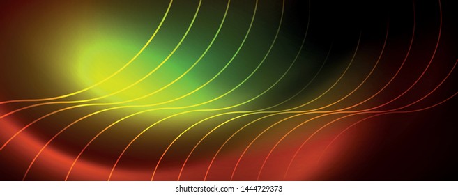 Bright neon circles and wave lines, glowing shiny background design template, digital techno concept. Luminous swirl trail, slow shutter speed effect.