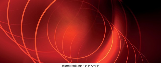 Bright neon circles and wave lines, glowing shiny background design template, digital techno concept. Luminous swirl trail, slow shutter speed effect.