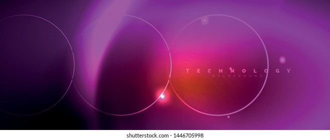 Helle Neonkreise und Wellenlinien, glänzende Hintergrunddesign-Vorlage, digitales Techno-Konzept. Leuchtender Schwenk-Weg, langsamer Verschlusszeiteneffekt.