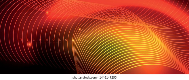 Bright neon circles and wave lines, glowing shiny background design template, digital techno concept. Luminous swirl trail, slow shutter speed effect.