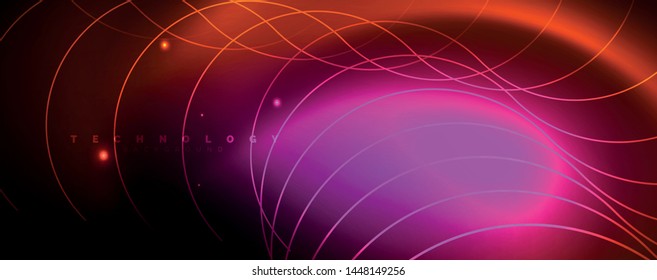 Bright neon circles and wave lines, glowing shiny background design template, digital techno concept. Luminous swirl trail, slow shutter speed effect.