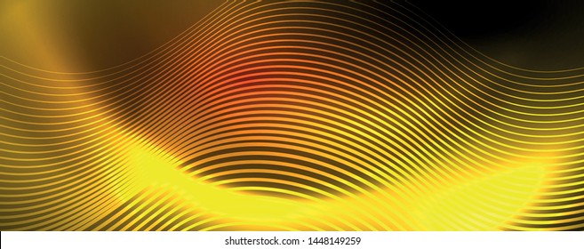 Bright neon circles and wave lines, glowing shiny background design template, digital techno concept. Luminous swirl trail, slow shutter speed effect.