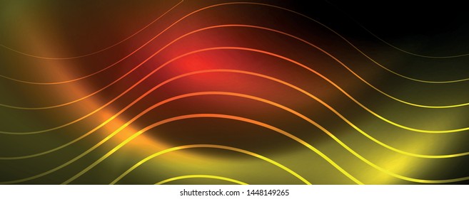 Bright neon circles and wave lines, glowing shiny background design template, digital techno concept. Luminous swirl trail, slow shutter speed effect.