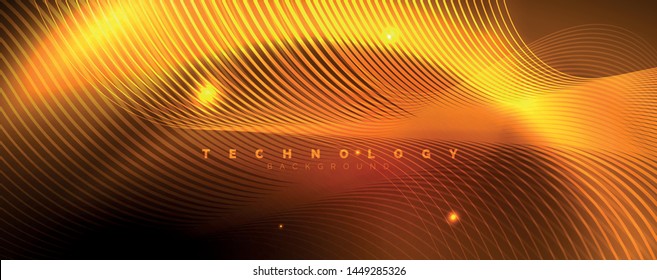 Bright neon circles and wave lines, glowing shiny background design template, digital techno concept. Luminous swirl trail, slow shutter speed effect.
