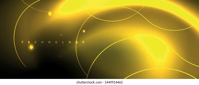 Bright neon circles and wave lines, glowing shiny background design template, digital techno concept. Luminous swirl trail, slow shutter speed effect.