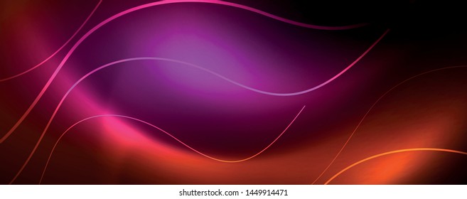 Bright neon circles and wave lines, glowing shiny background design template, digital techno concept. Luminous swirl trail, slow shutter speed effect.