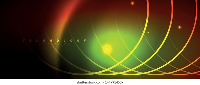 Bright neon circles and wave lines, glowing shiny background design template, digital techno concept. Luminous swirl trail, slow shutter speed effect.