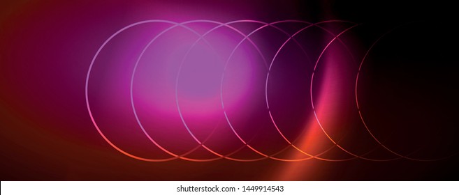 Bright neon circles and wave lines, glowing shiny background design template, digital techno concept. Luminous swirl trail, slow shutter speed effect.