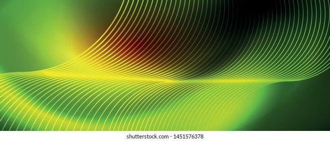 Bright neon circles and wave lines, glowing shiny background design template, digital techno concept. Luminous swirl trail, slow shutter speed effect.