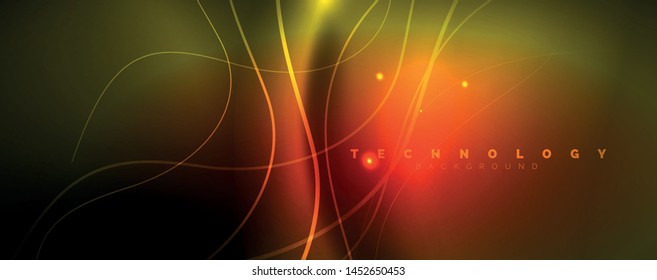 Brillantes círculos de neón y líneas onduladas, brillante plantilla de diseño de fondo, concepto digital tecno. Luminoso camino giratorio, efecto de velocidad de obturación lento.