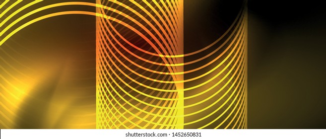 Bright neon circles and wave lines, glowing shiny background design template, digital techno concept. Luminous swirl trail, slow shutter speed effect.