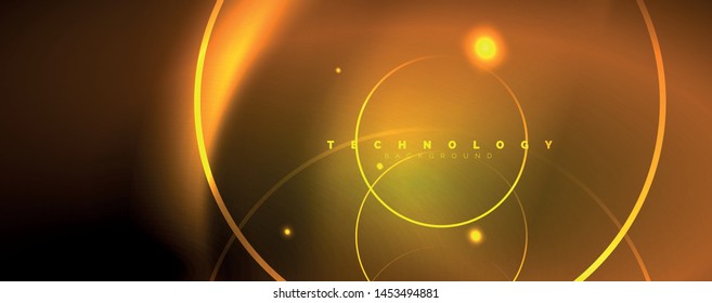 Círculos de neon brilhantes e linhas de onda, brilhante modelo de design de fundo, conceito de tecno digital. Trilha de redemoinho luminoso, efeito de velocidade do obturador lento.