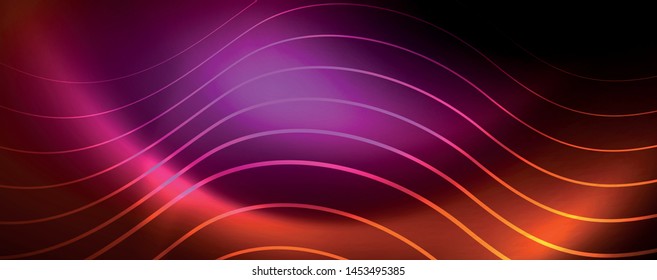 Bright neon circles and wave lines, glowing shiny background design template, digital techno concept. Luminous swirl trail, slow shutter speed effect.
