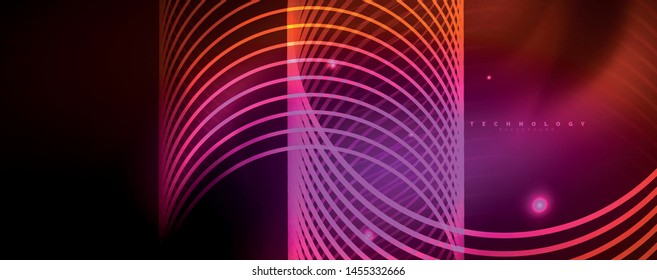 Bright neon circles and wave lines, glowing shiny background design template, digital techno concept. Luminous swirl trail, slow shutter speed effect.
