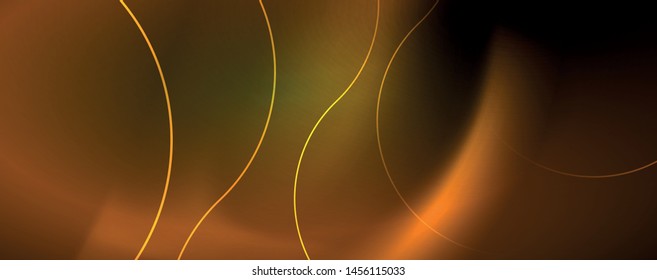 Bright neon circles and wave lines, glowing shiny background design template, digital techno concept. Luminous swirl trail, slow shutter speed effect.