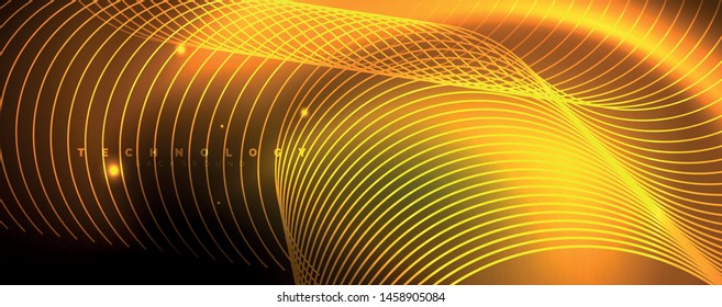 Bright neon circles and wave lines, glowing shiny background design template, digital techno concept. Luminous swirl trail, slow shutter speed effect.