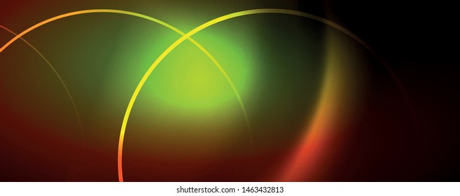 Bright neon circles and wave lines, glowing shiny background design template, digital techno concept. Luminous swirl trail, slow shutter speed effect.