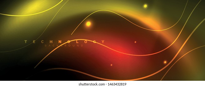 Helle Neonkreise und Wellenlinien, glänzende Hintergrunddesign-Vorlage, digitales Techno-Konzept. Leuchtender Schwenk-Weg, langsamer Verschlusszeiteneffekt.