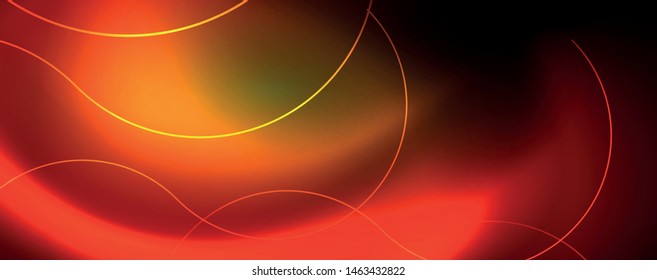 Bright neon circles and wave lines, glowing shiny background design template, digital techno concept. Luminous swirl trail, slow shutter speed effect.