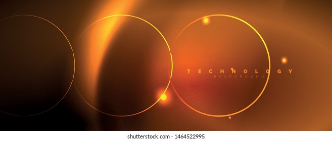 Bright neon circles and wave lines, glowing shiny background design template, digital techno concept. Luminous swirl trail, slow shutter speed effect.