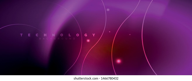 Bright neon circles and wave lines, glowing shiny background design template, digital techno concept. Luminous swirl trail, slow shutter speed effect.