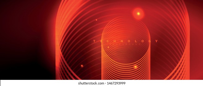 Brillantes círculos de neón y líneas onduladas, brillante plantilla de diseño de fondo, concepto digital tecno. Luminoso camino giratorio, efecto de velocidad de obturación lento.