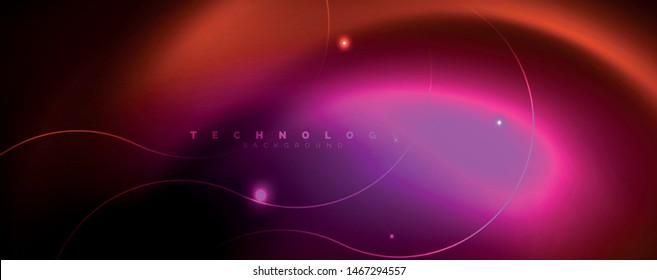 Bright neon circles and wave lines, glowing shiny background design template, digital techno concept. Luminous swirl trail, slow shutter speed effect.