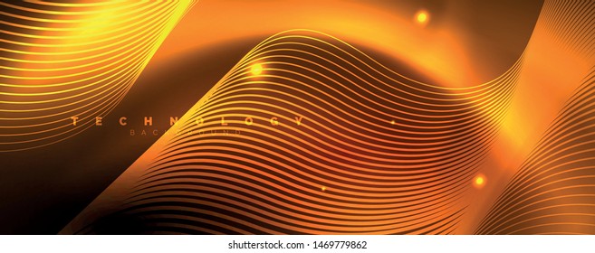 Brillantes círculos de neón y líneas onduladas, brillante plantilla de diseño de fondo, concepto digital tecno. Luminoso camino giratorio, efecto de velocidad de obturación lento.