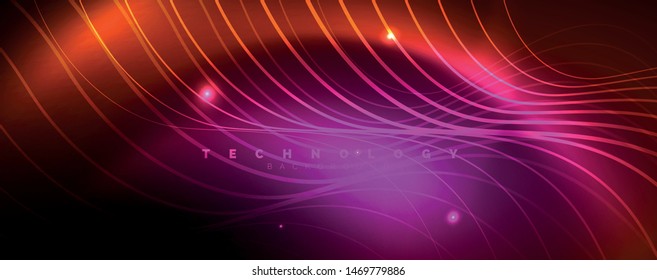 Bright neon circles and wave lines, glowing shiny background design template, digital techno concept. Luminous swirl trail, slow shutter speed effect.