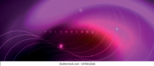 Bright neon circles and wave lines, glowing shiny background design template, digital techno concept. Luminous swirl trail, slow shutter speed effect.