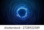 Bright neon circular HUD element on circuit board background. Futuristic chip design with glowing AI portal technology and digital processor patterns. Tech digital frame. Vector bg