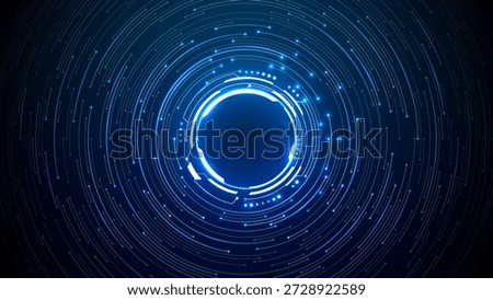 Bright neon circular HUD element on circuit board background. Futuristic chip design with glowing AI portal technology and digital processor patterns. Tech digital frame. Vector bg