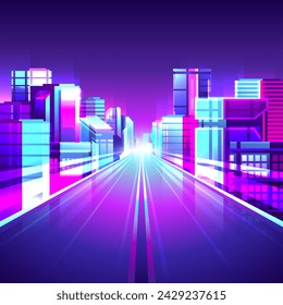 Bright neon city street. Straight night road through business cyberpunk buildings illustration.