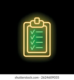 Bright neon clipboard with completed checklist glowing green and yellow on a black background
