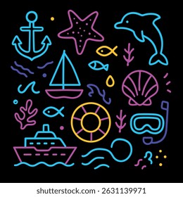 A bright neon collection of summer sea icons: dolphin, anchor, cruise ship, mask, lifebuoy, shells, fish and more. Perfect for summer designs, t-shirts, packaging, posters.