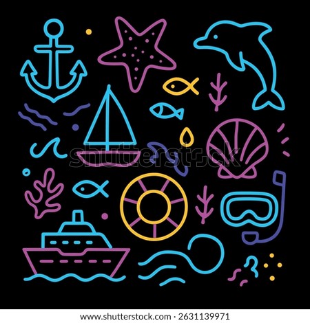 A bright neon collection of summer sea icons: dolphin, anchor, cruise ship, mask, lifebuoy, shells, fish and more. Perfect for summer designs, t-shirts, packaging, posters.